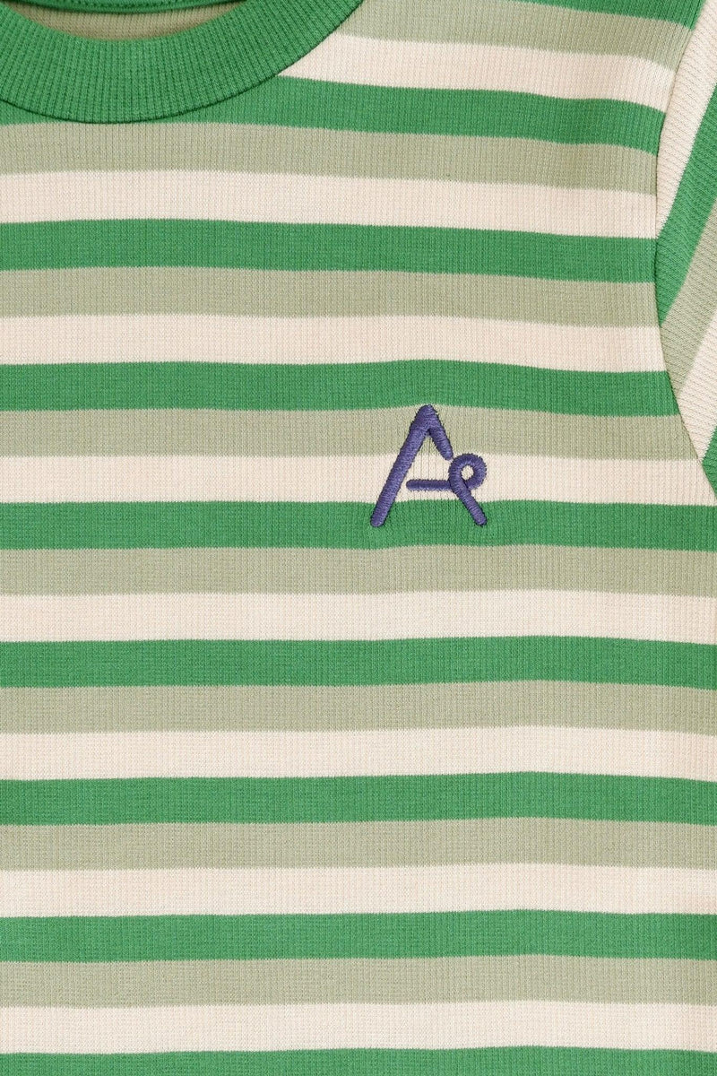 Load image into Gallery viewer, logo detail of Organic ribbed t-shirt for kids in green stripes

