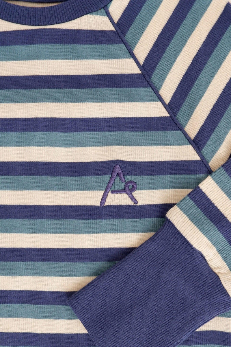 Load image into Gallery viewer, Logo detail of Ribbed blouse in blue stripes in organic cotton long sleeve for children
