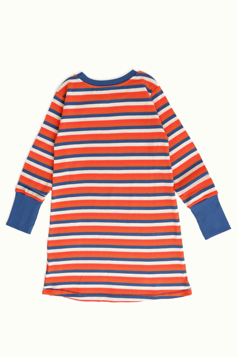 Load image into Gallery viewer, Slowfashion dress for kids in organic cotton red and blue stripes
