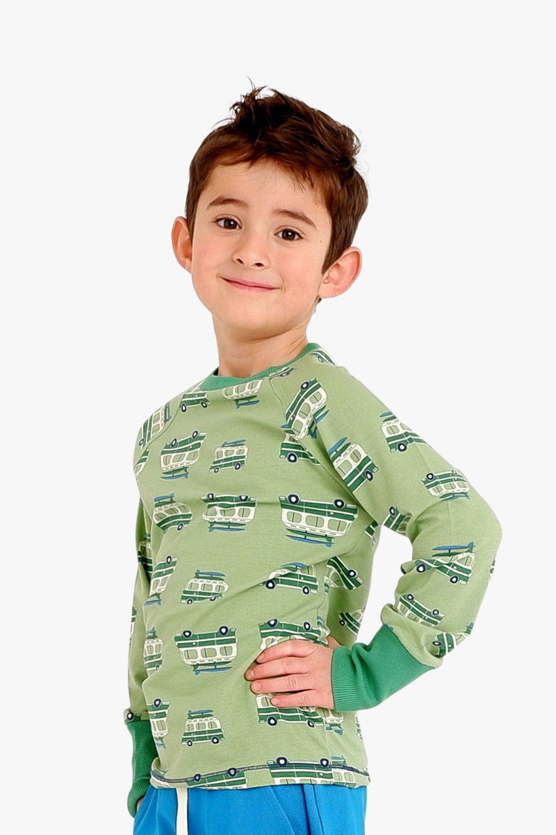 Load image into Gallery viewer, Boy wearing Organic t-shirt in green with van and long sleeves
