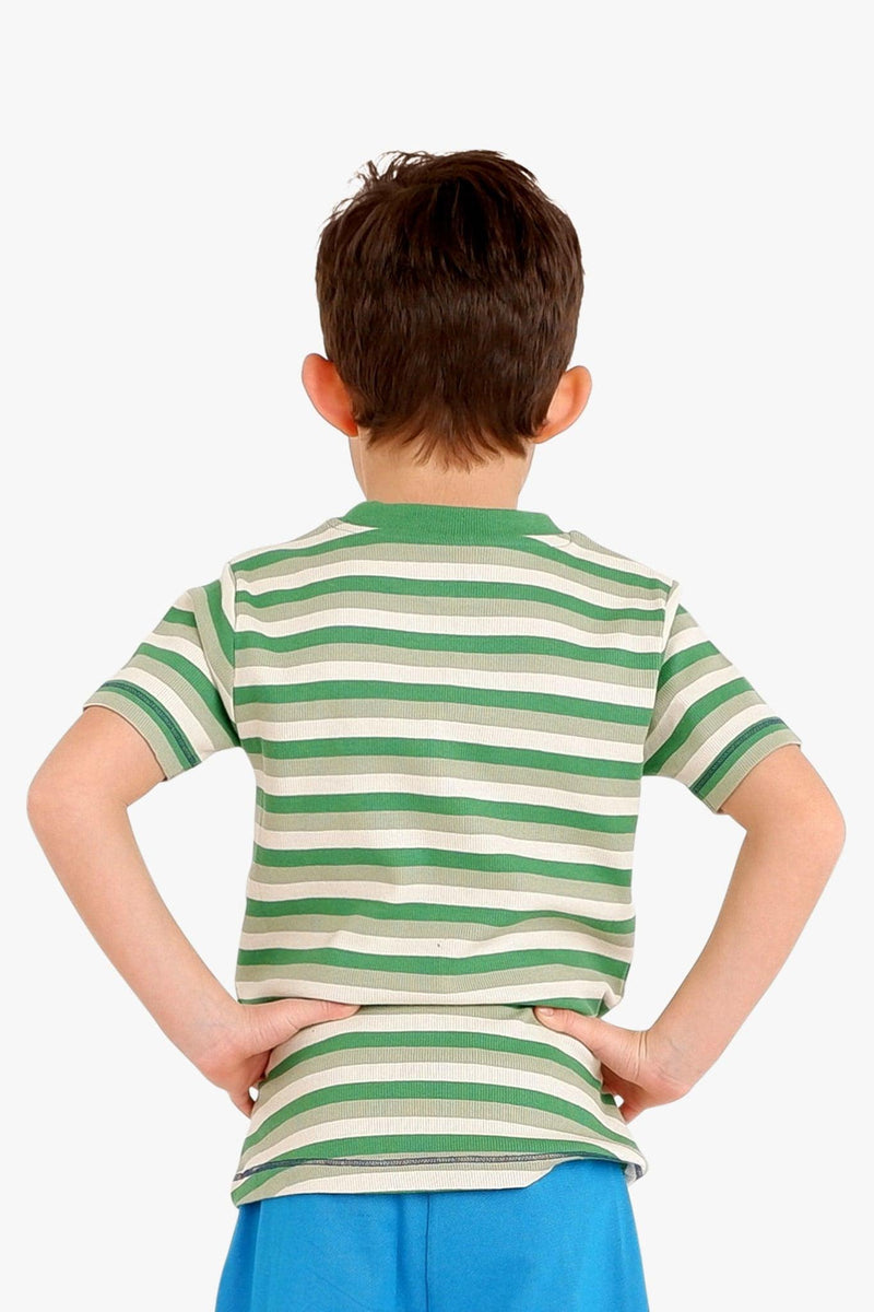 Laden Sie das Bild in Galerie -Viewer, Back detail of Organic ribbed t-shirt for kids in green stripes
