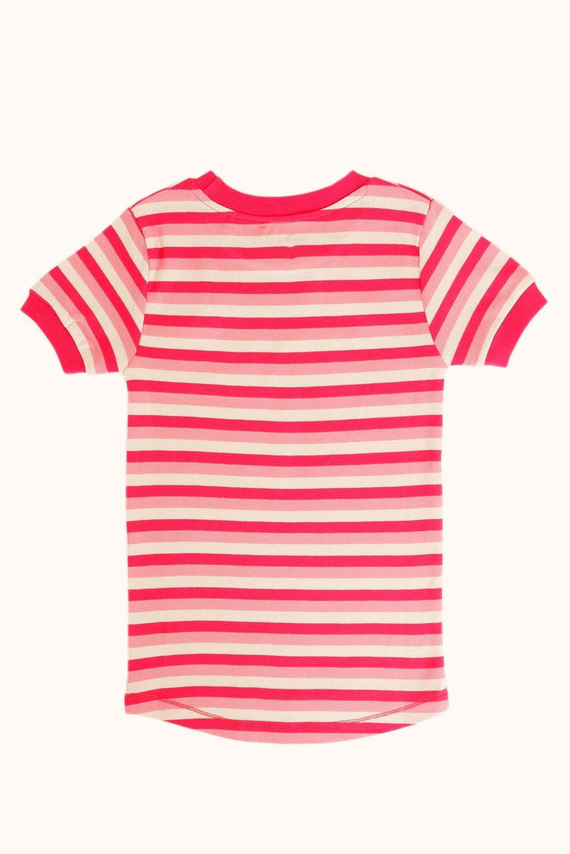 Load image into Gallery viewer, Back detail of short sleeve ribbed t-shirt in organic cotton and pink stripes by albaofdenmark
