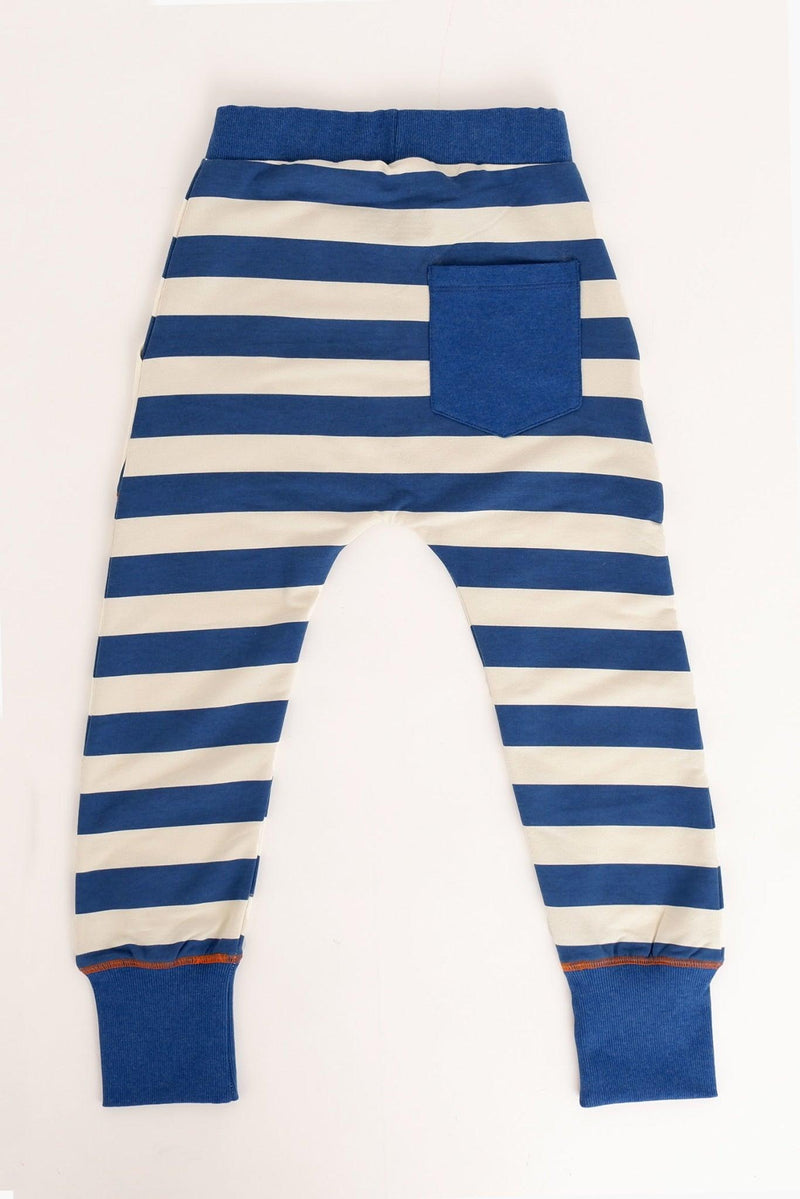 Load image into Gallery viewer, back detail of mason pants in organic blue cotton stripes soft jersey
