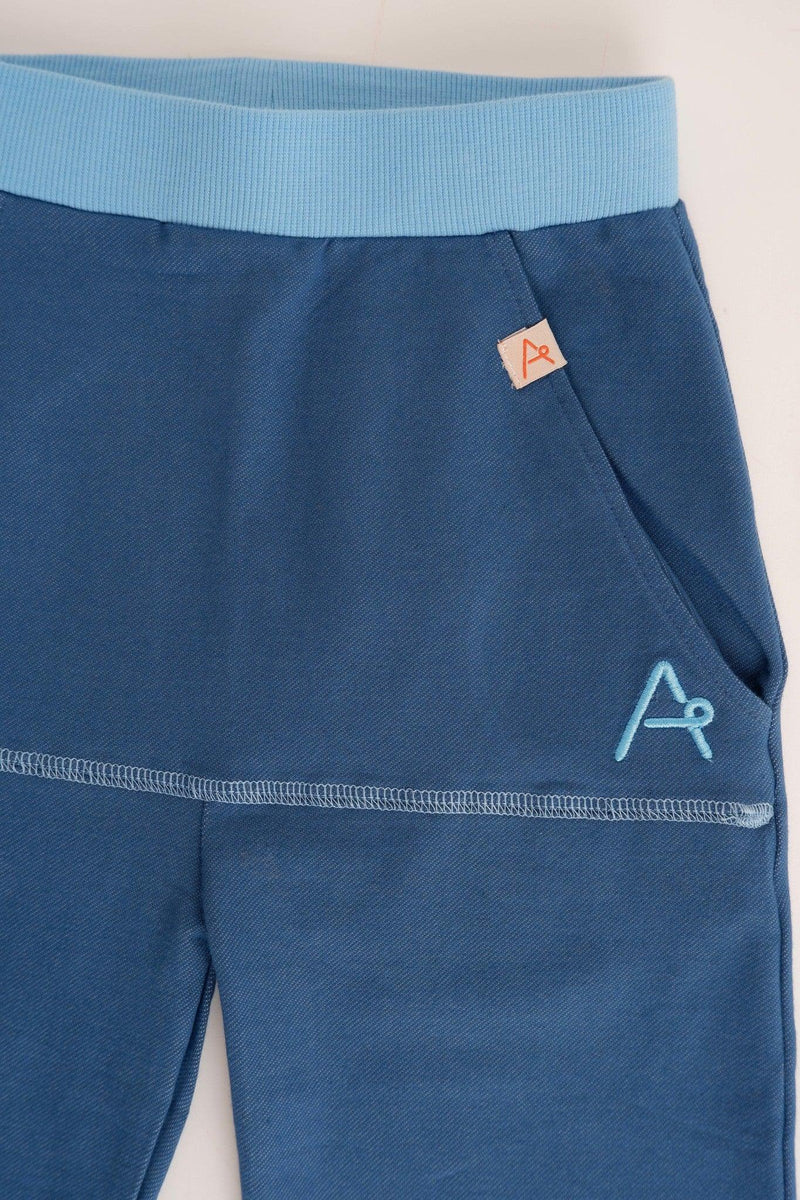 Load image into Gallery viewer, front detail of mason pants in organic blue cotton soft jersey
