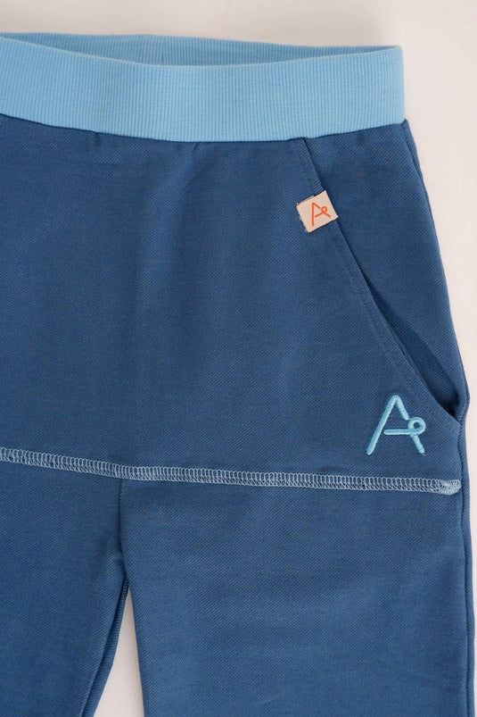 front detail of mason pants in organic blue cotton soft jersey