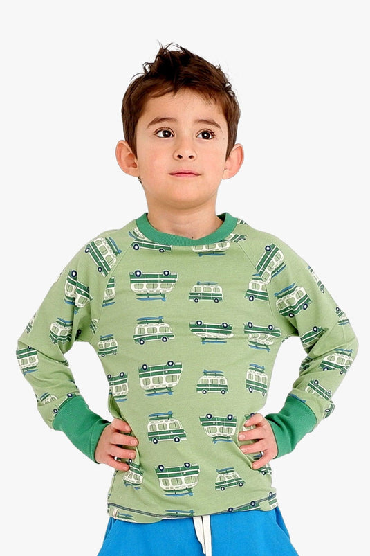 Small boy wearing Organic t-shirt in green with van
