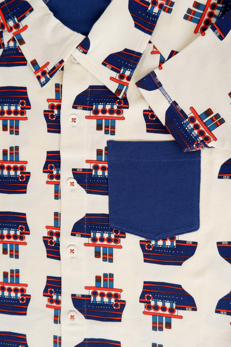 Load image into Gallery viewer, Pocket detail of Retro looking shirt for kids in white with blue ships
