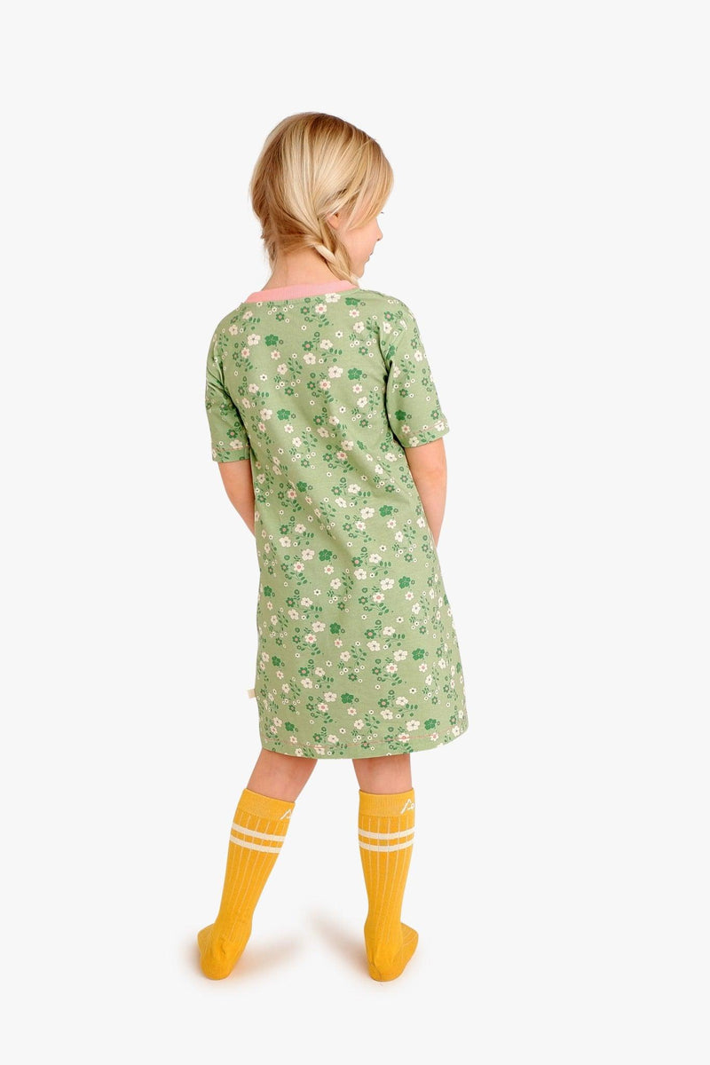 Load image into Gallery viewer, Back detail of Girls summer dress in green and pink organic cotton and flowers by Albaofdenmark
