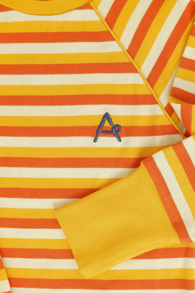 Laden Sie das Bild in Galerie -Viewer, Front detail of Striped long t-shirt in organic cotton for children designed in denmark
