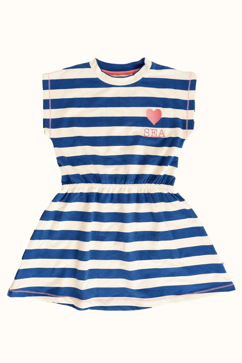 Load image into Gallery viewer, Beautiful breton stripe blue and white in organic fabric for girls by albaofdenmark
